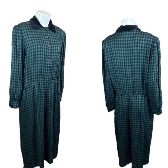 Vintage Lanz Green & Black Gingham Check Romper Jumpsuit / Size 14 * - Picture 3 of 4